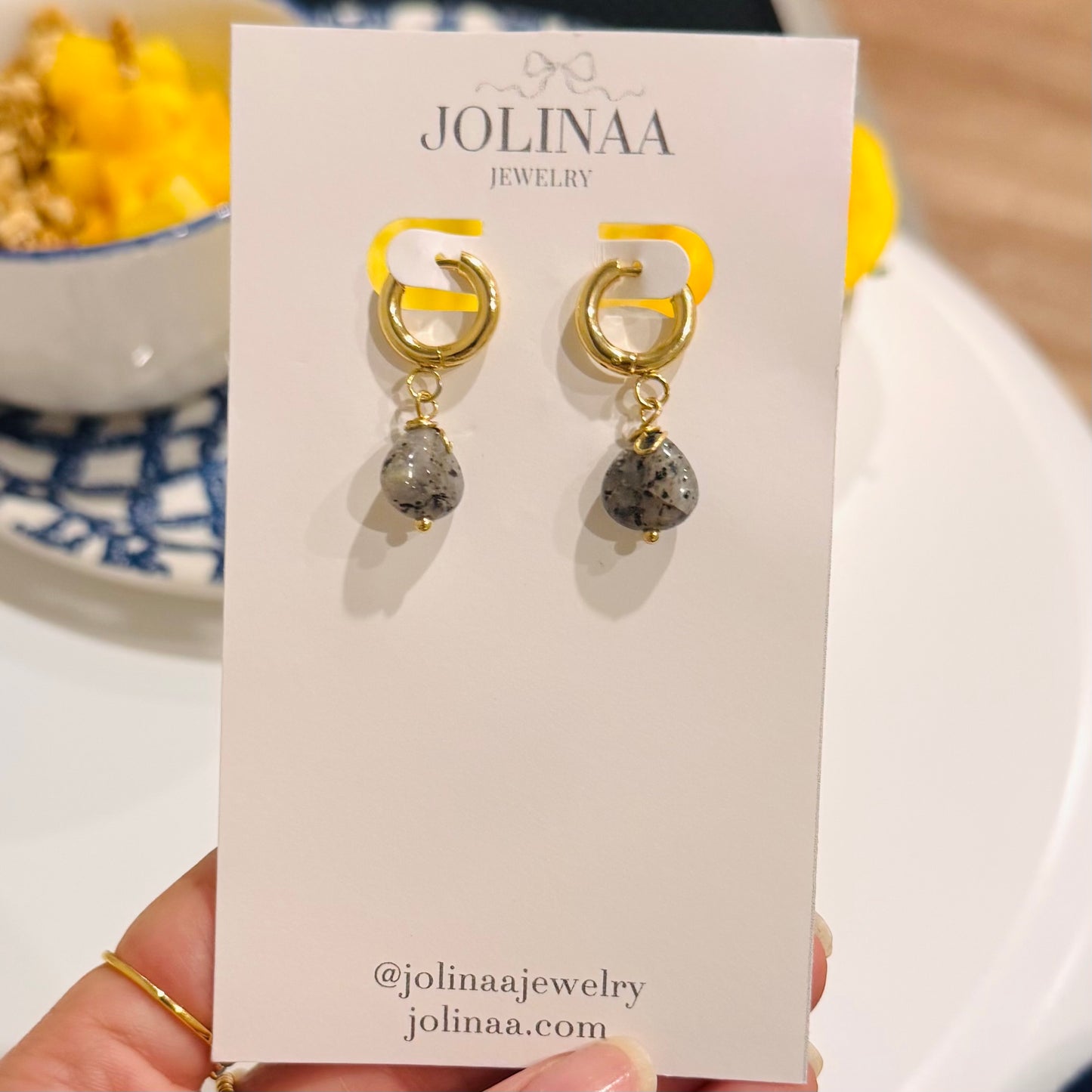Gray Speckles Drop Hoops